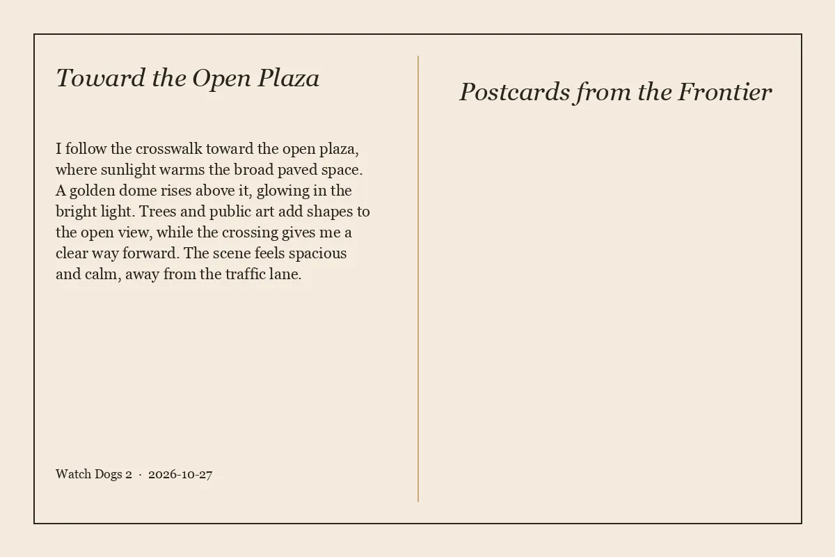 Back of the postcard titled Toward the Open Plaza