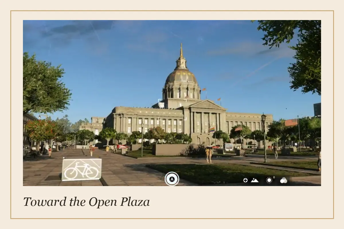 A sunlit crosswalk leads toward an open paved plaza, with trees, public art, and a glowing golden dome beyond.