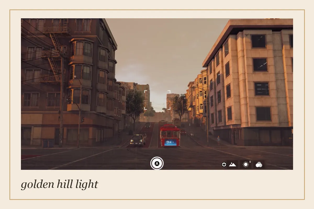 Golden light frames a steep hill and busy intersection, with a broad staircase leading up toward a sunlit plaza.