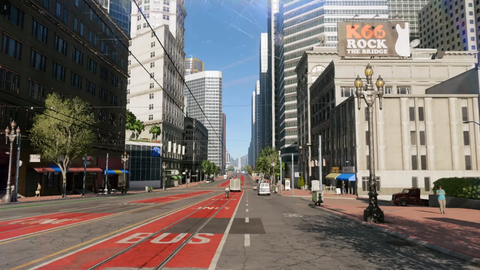 Sunlit street with tall buildings, bright graffiti, an open shop entrance, and a playful sign.